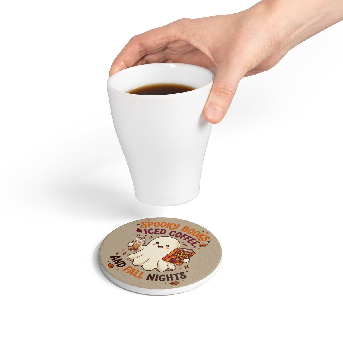 Ceramic Coaster — "Spooky Books, Iced Coffee, and Fall Nights" Cute Ghost Fall Drink Coaster