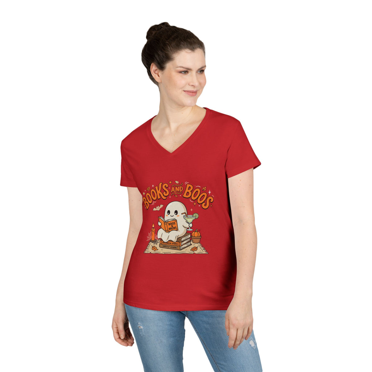Books and Boos V-Neck Tee — Cute Ghost Reading T-Shirt for Book Lovers