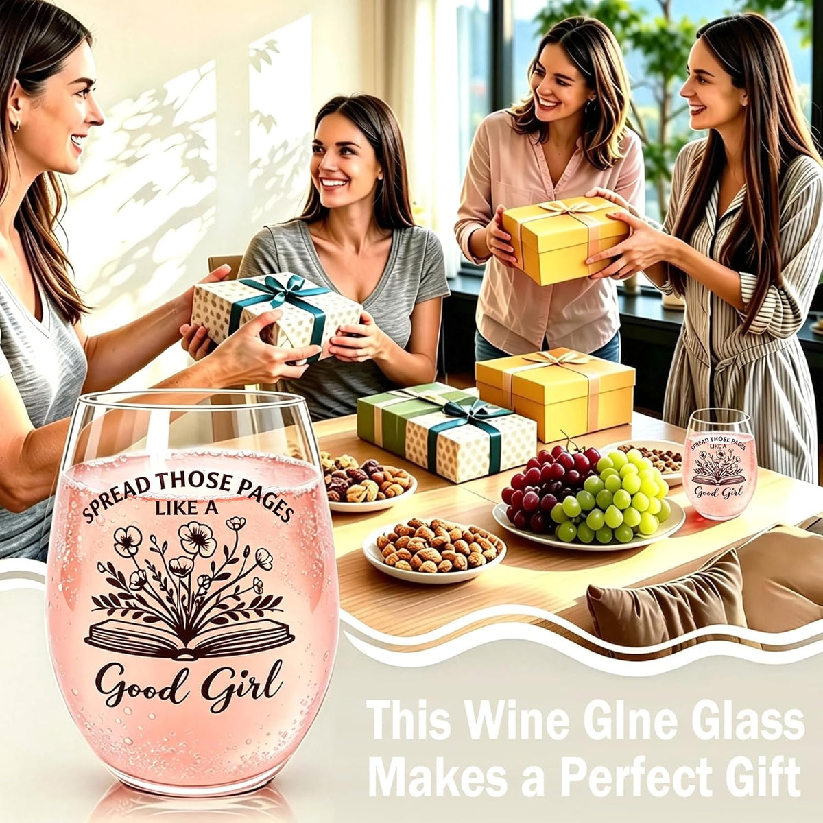 Funny Wine Glasses for Women, Stemless Gift for Book Lovers 15OZ