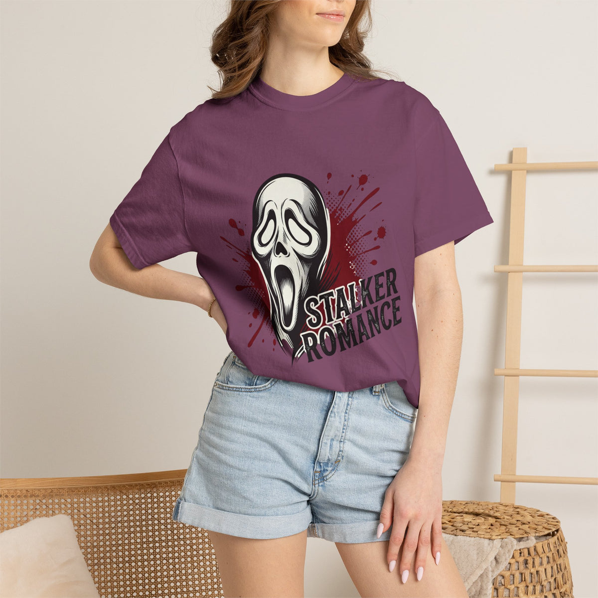 Graphic T-Shirt — "Stalker Romance" Horror Mask Tee (Scream-inspired, Blood Splatter)