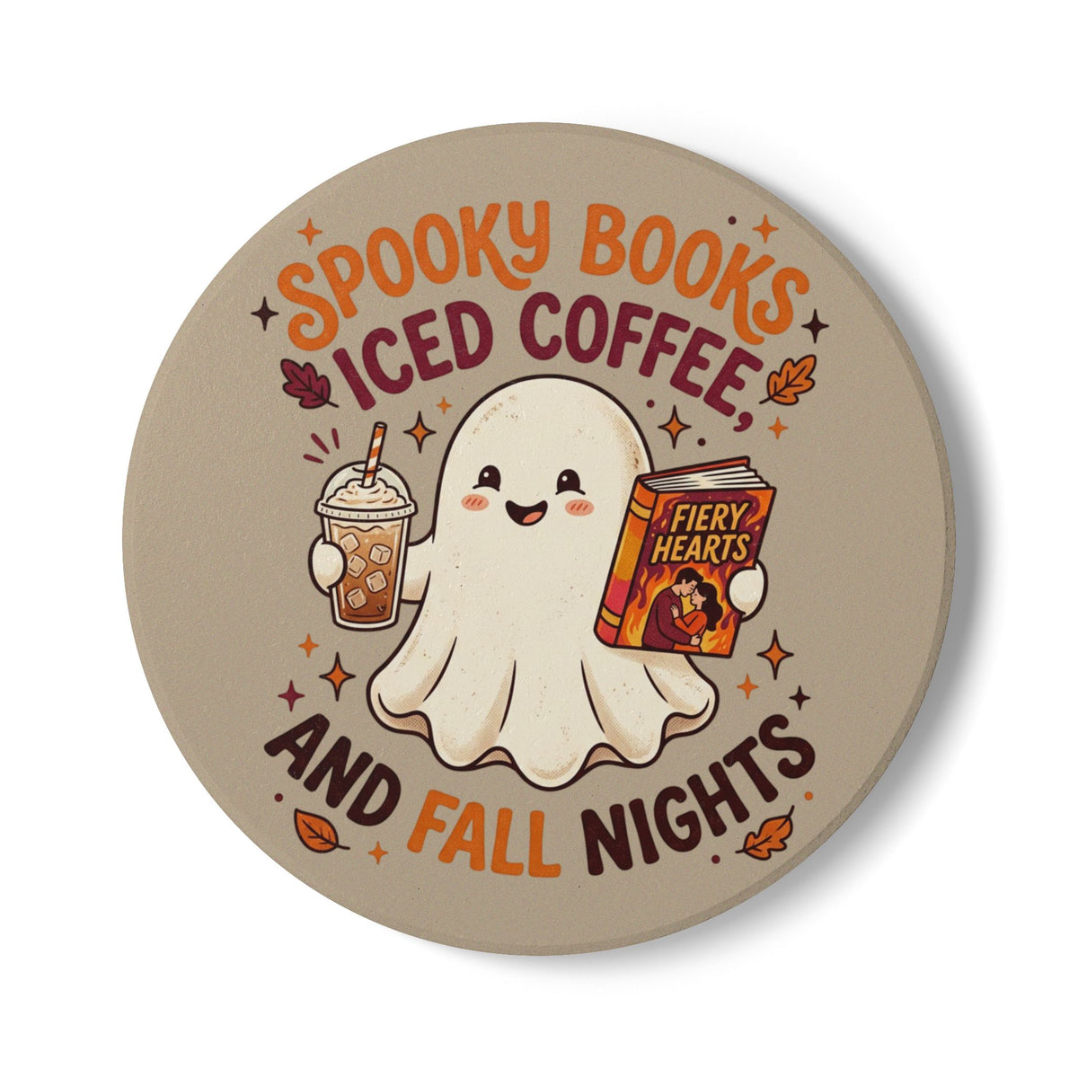 Ceramic Coaster — "Spooky Books, Iced Coffee, and Fall Nights" Cute Ghost Fall Drink Coaster