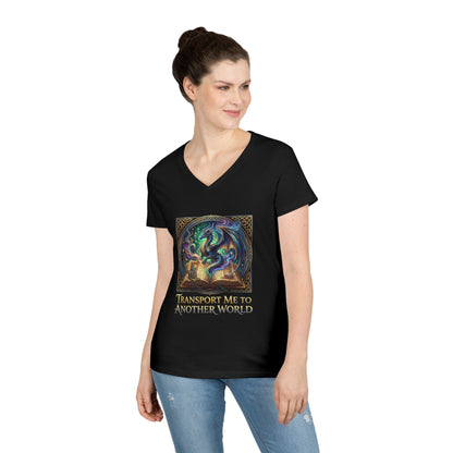 Ladies V-Neck T-Shirt — "Transport Me to Another World" Fantasy Book Magic Tee