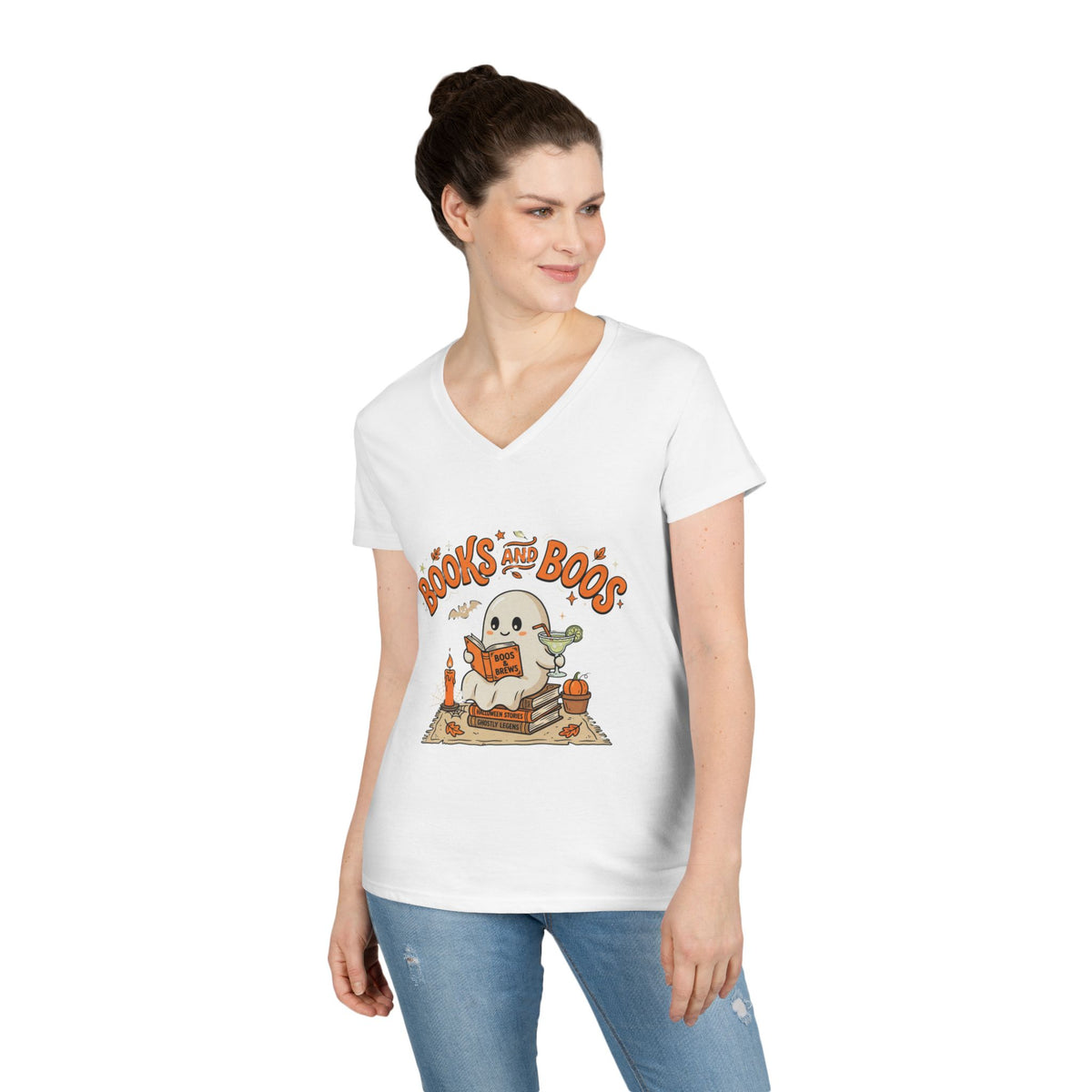 Books and Boos V-Neck Tee — Cute Ghost Reading T-Shirt for Book Lovers