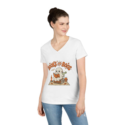 Books and Boos V-Neck Tee — Cute Ghost Reading T-Shirt for Book Lovers