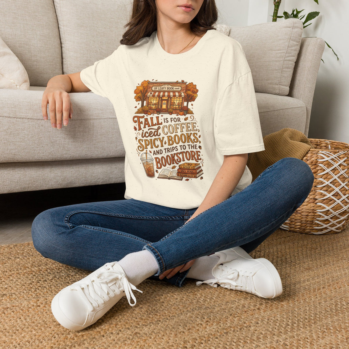 Fall Bookstore T-Shirt — "Fall Is For Iced Coffee & Spicy Books" Cozy Autumn Tee