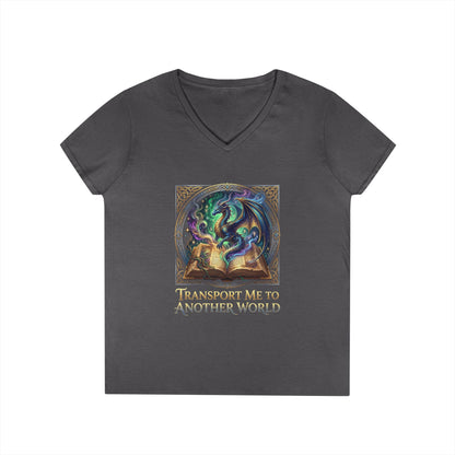 Ladies V-Neck T-Shirt — "Transport Me to Another World" Fantasy Book Magic Tee