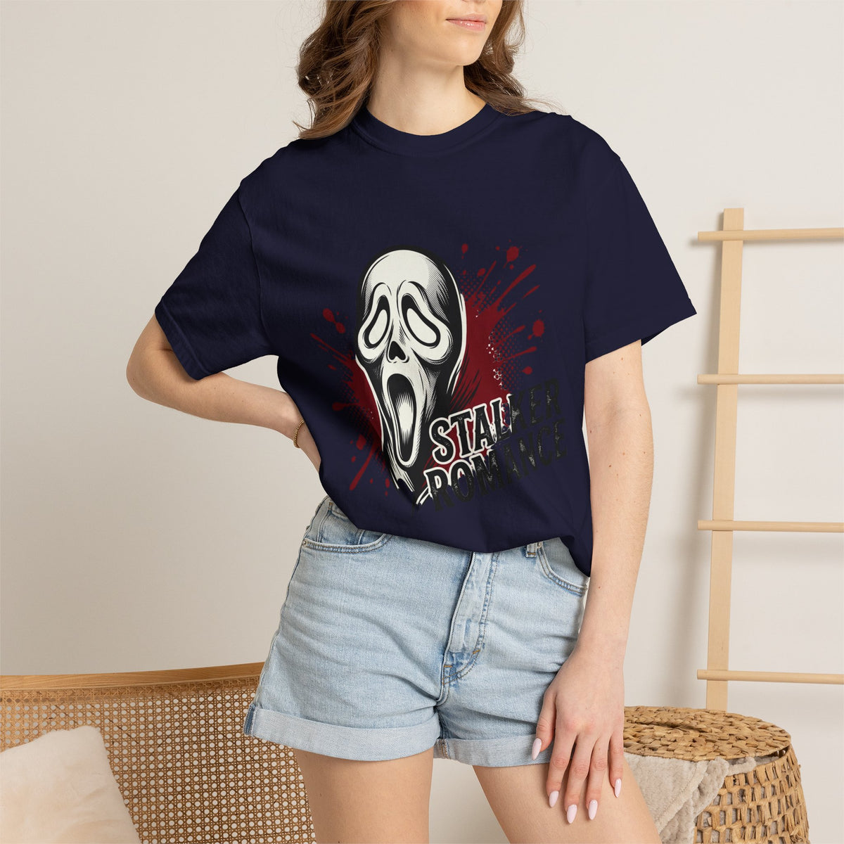 Graphic T-Shirt — "Stalker Romance" Horror Mask Tee (Scream-inspired, Blood Splatter)
