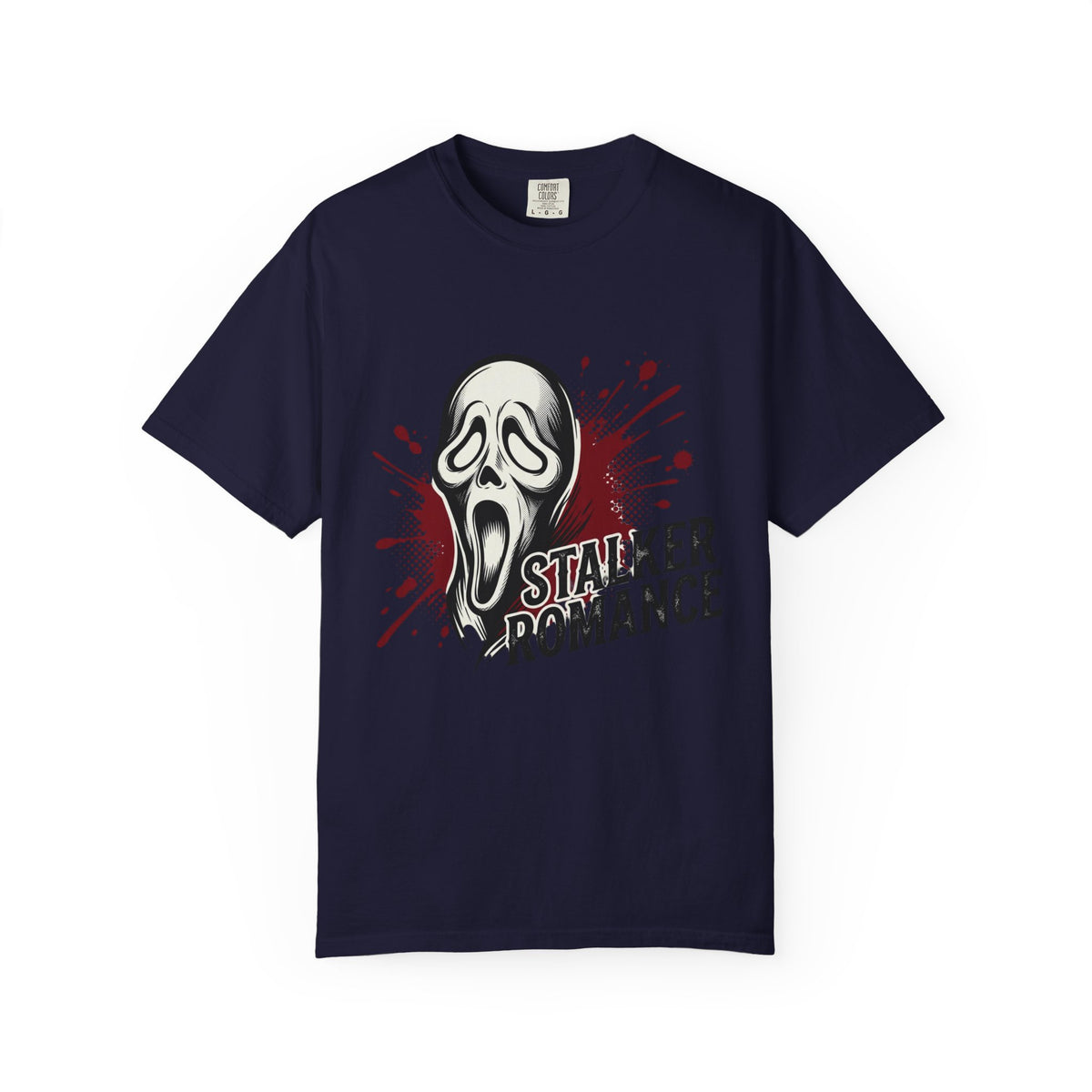 Graphic T-Shirt — "Stalker Romance" Horror Mask Tee (Scream-inspired, Blood Splatter)