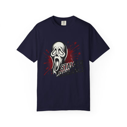 Graphic T-Shirt — "Stalker Romance" Horror Mask Tee (Scream-inspired, Blood Splatter)