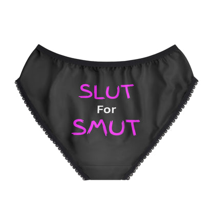 Women’s Briefs — “Slut for Smut” Neon Text Lace-Trim Underwear