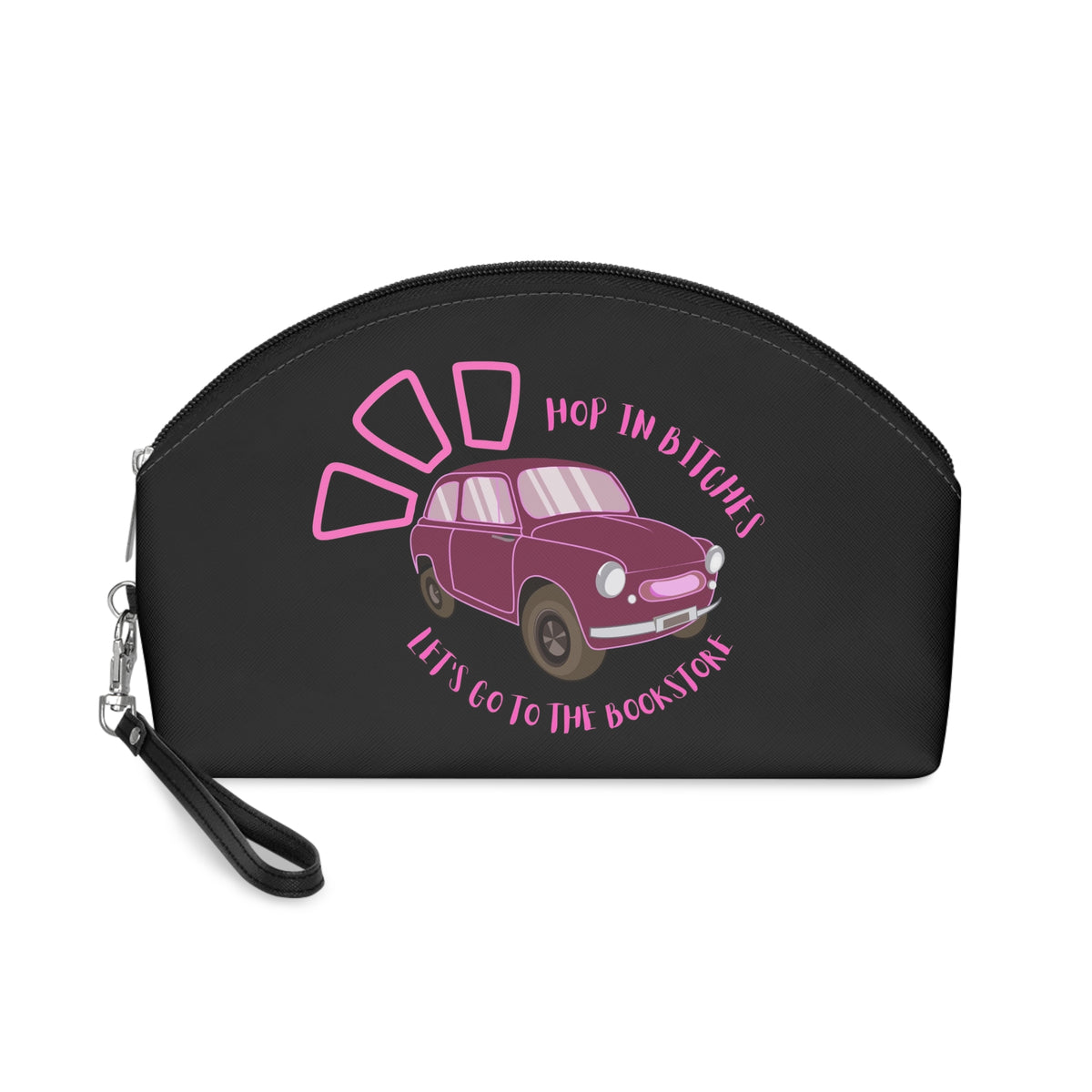 Vintage Mini Cooper Makeup Bag — “Hop In Bitches! Let’s Go to the Bookshop” Cosmetic Pouch