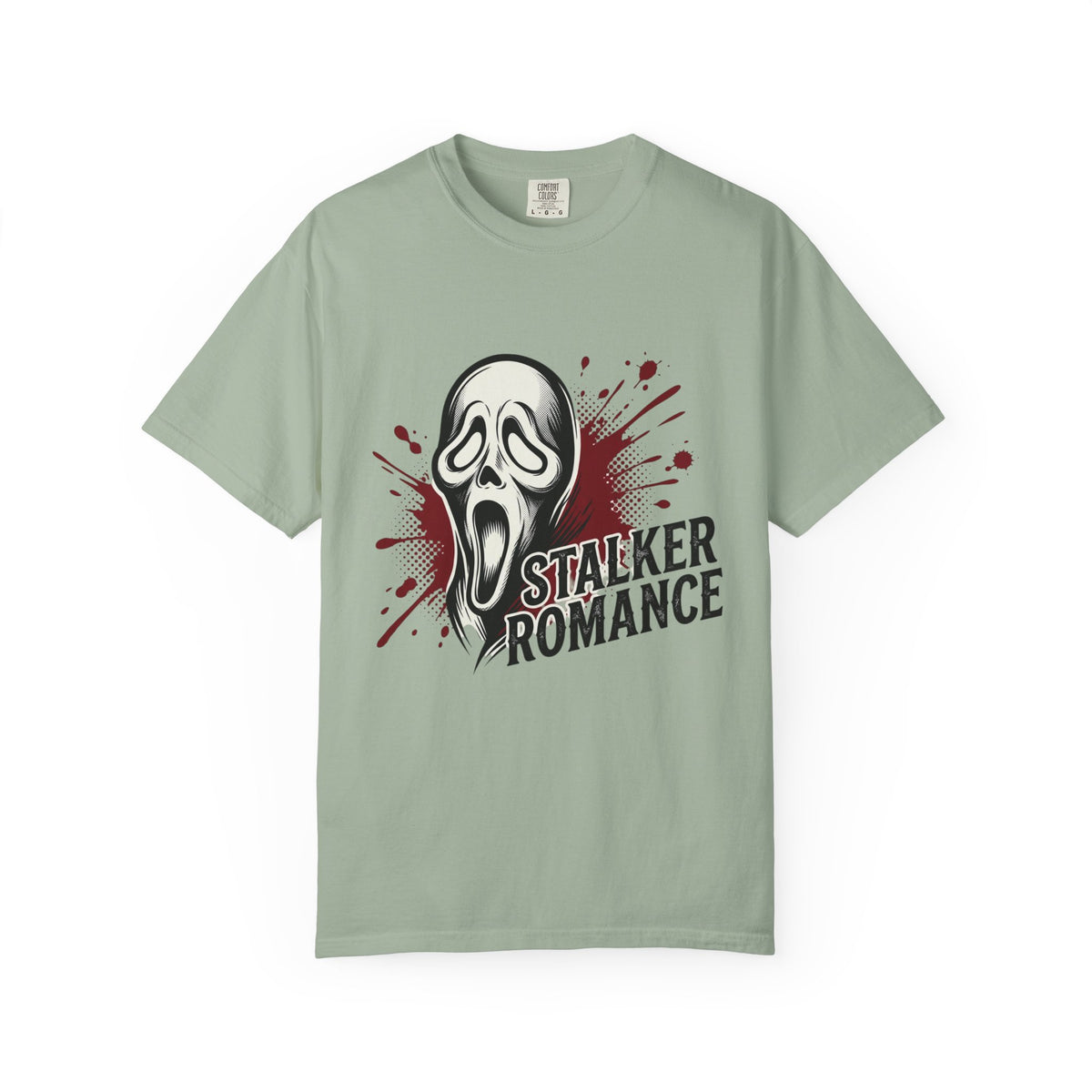 Graphic T-Shirt — "Stalker Romance" Horror Mask Tee (Scream-inspired, Blood Splatter)