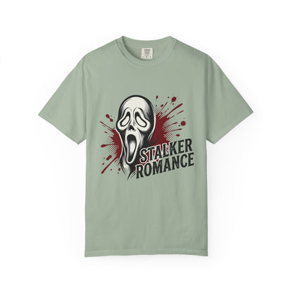 Graphic T-Shirt — "Stalker Romance" Horror Mask Tee (Scream-inspired, Blood Splatter)