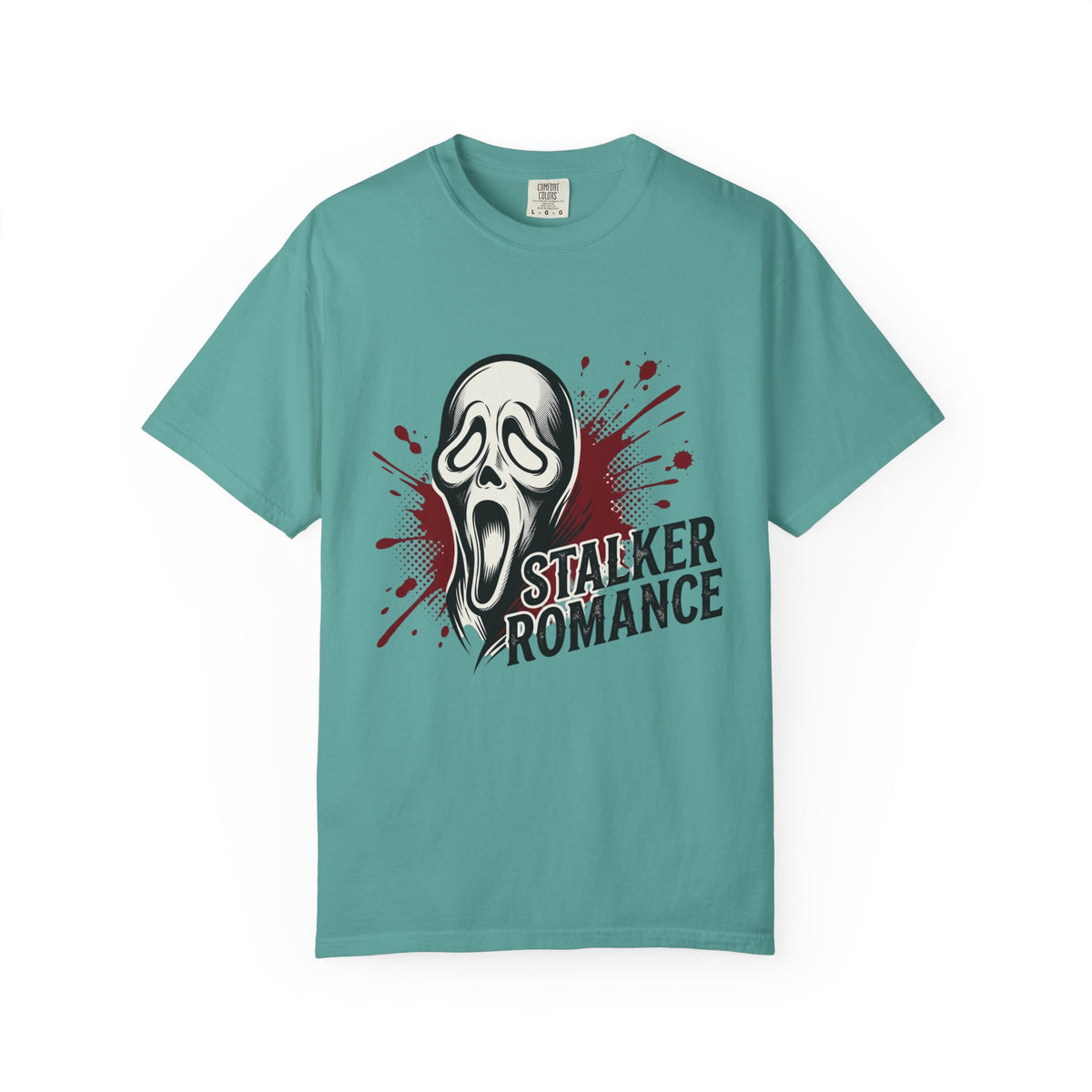 Graphic T-Shirt — "Stalker Romance" Horror Mask Tee (Scream-inspired, Blood Splatter)