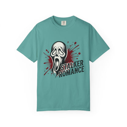 Graphic T-Shirt — "Stalker Romance" Horror Mask Tee (Scream-inspired, Blood Splatter)