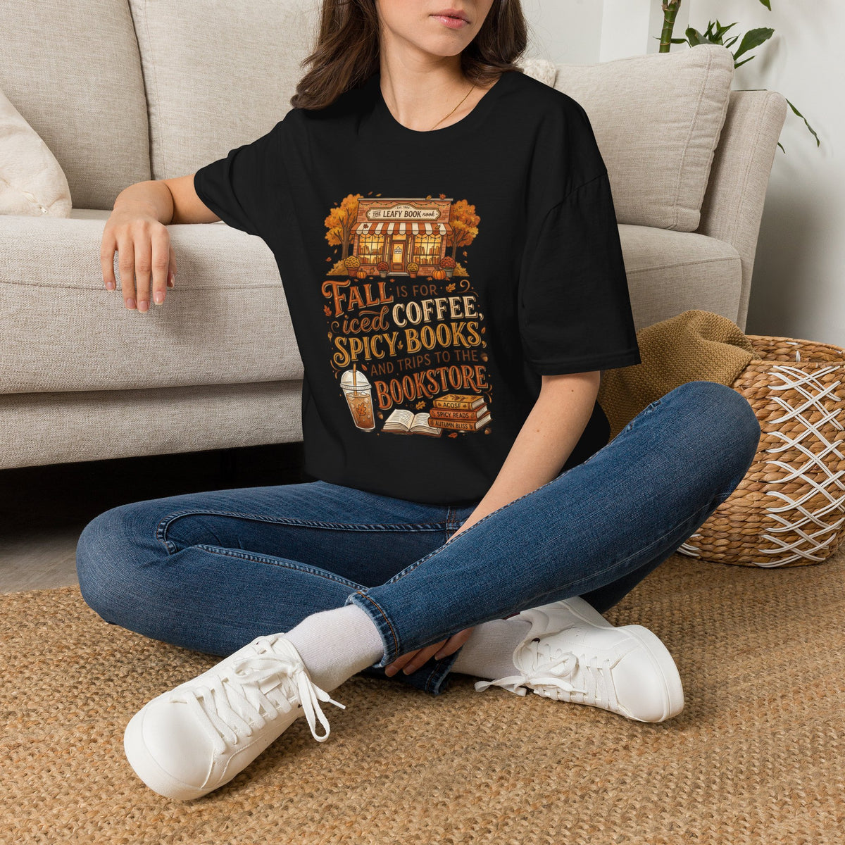 Fall Bookstore T-Shirt — "Fall Is For Iced Coffee & Spicy Books" Cozy Autumn Tee