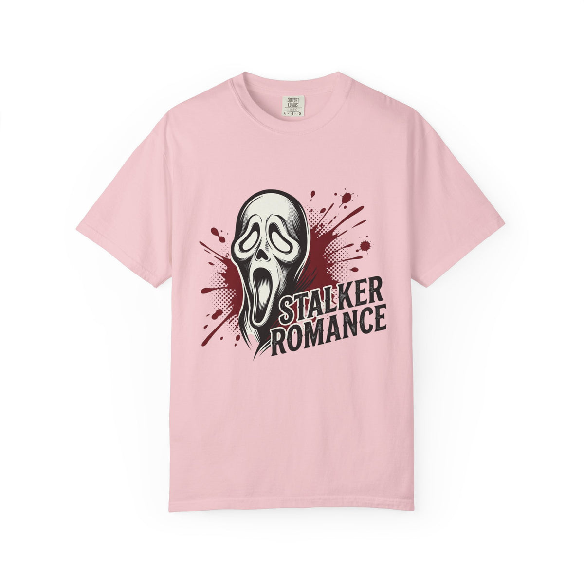 Graphic T-Shirt — "Stalker Romance" Horror Mask Tee (Scream-inspired, Blood Splatter)