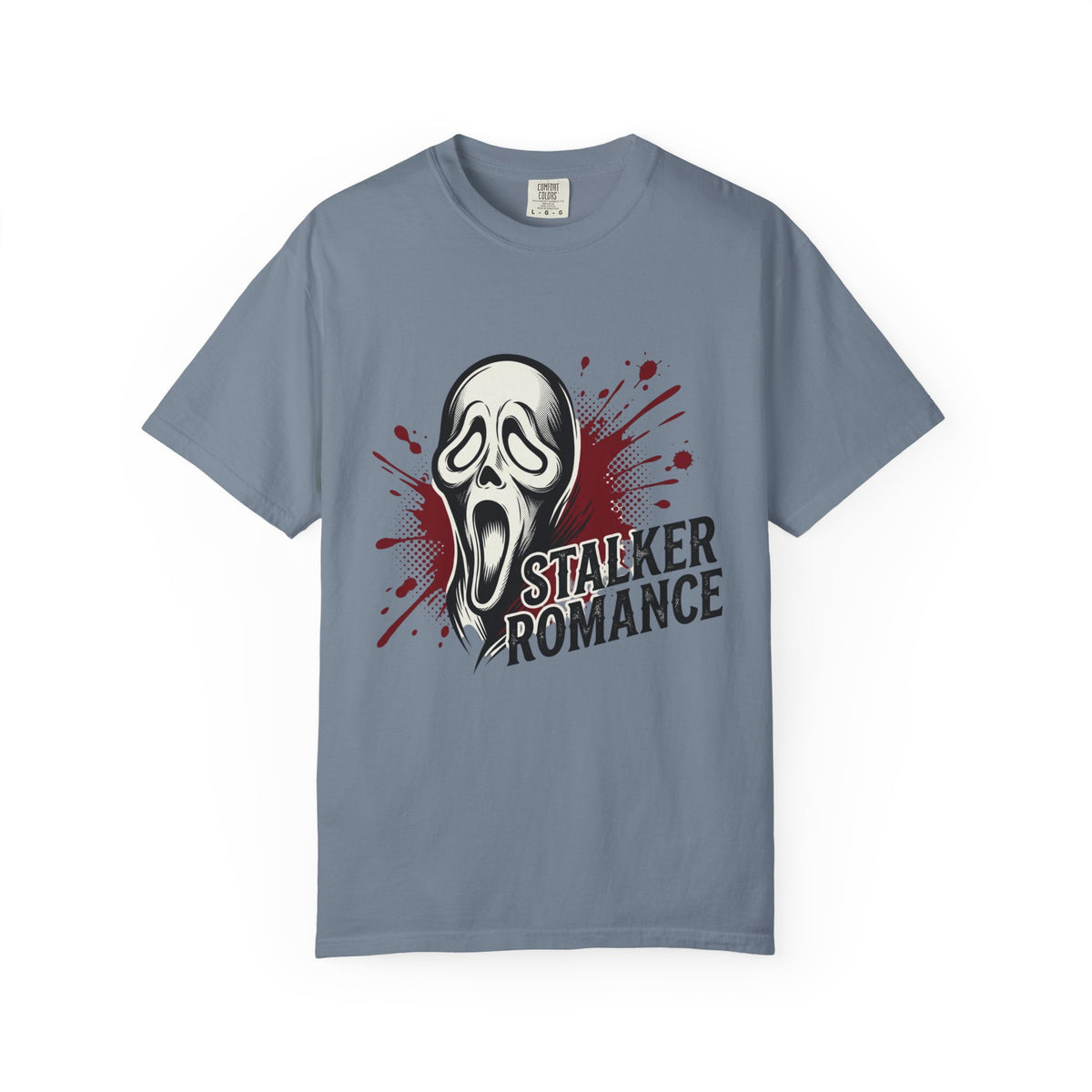 Graphic T-Shirt — "Stalker Romance" Horror Mask Tee (Scream-inspired, Blood Splatter)