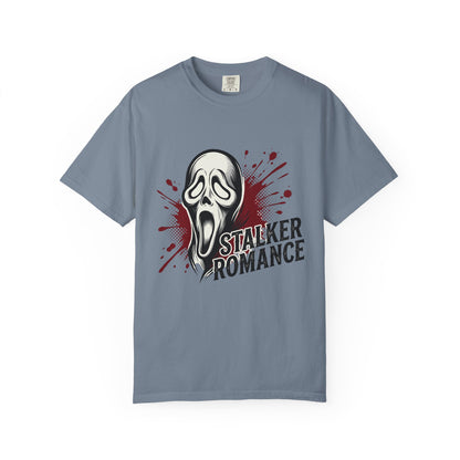 Graphic T-Shirt — "Stalker Romance" Horror Mask Tee (Scream-inspired, Blood Splatter)