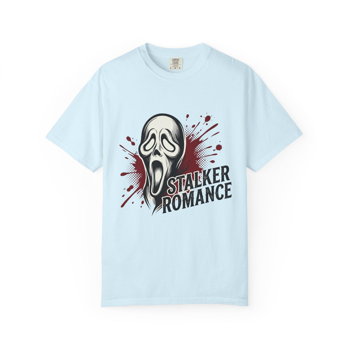 Graphic T-Shirt — "Stalker Romance" Horror Mask Tee (Scream-inspired, Blood Splatter)