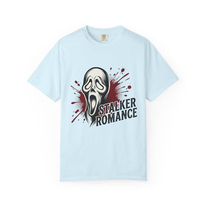 Graphic T-Shirt — "Stalker Romance" Horror Mask Tee (Scream-inspired, Blood Splatter)