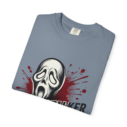 Graphic T-Shirt — "Stalker Romance" Horror Mask Tee (Scream-inspired, Blood Splatter)