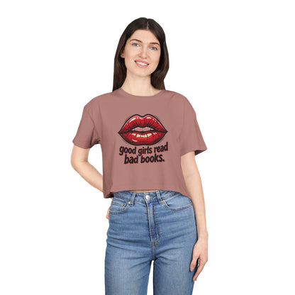 Crop Tee — "Good Girls Read Bad Books" Red Lips Graphic