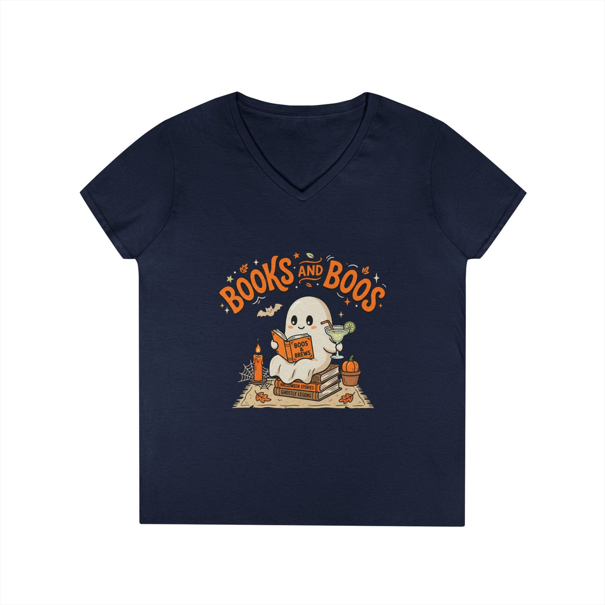 Books and Boos V-Neck Tee — Cute Ghost Reading T-Shirt for Book Lovers