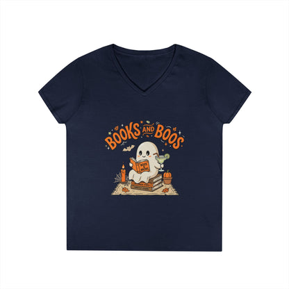 Books and Boos V-Neck Tee — Cute Ghost Reading T-Shirt for Book Lovers