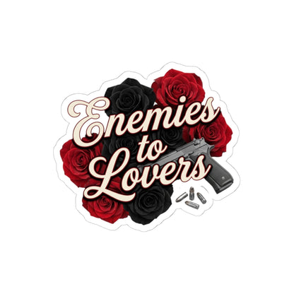 Enemies to Lovers Kiss-Cut Sticker — Red & Black Roses with Handgun Design