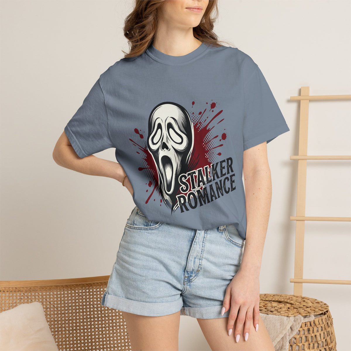 Graphic T-Shirt — "Stalker Romance" Horror Mask Tee (Scream-inspired, Blood Splatter)