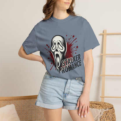 Graphic T-Shirt — "Stalker Romance" Horror Mask Tee (Scream-inspired, Blood Splatter)