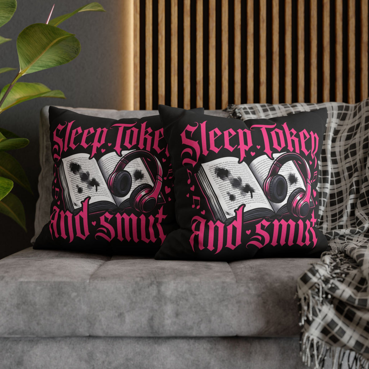 Sleep, Token & Smut Square Pillowcase — Gothic Bookish Headphone Decor