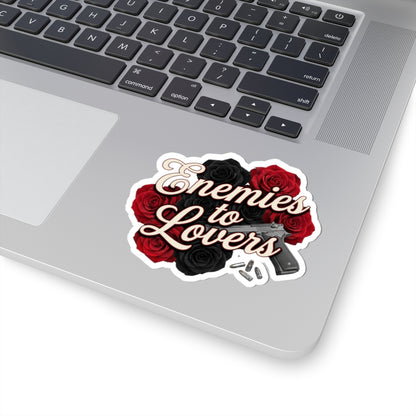 Enemies to Lovers Kiss-Cut Sticker — Red & Black Roses with Handgun Design