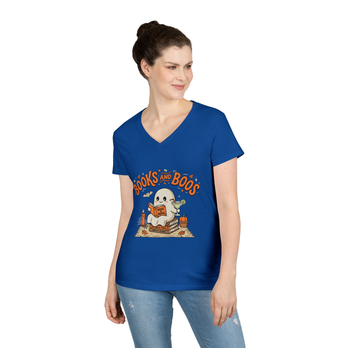 Books and Boos V-Neck Tee — Cute Ghost Reading T-Shirt for Book Lovers