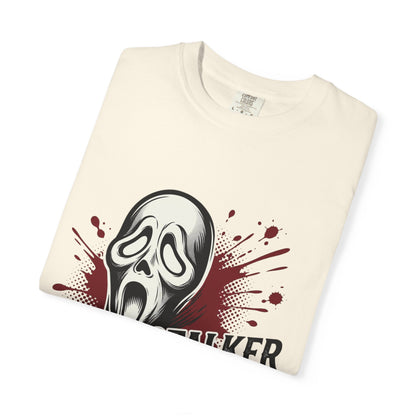 Graphic T-Shirt — "Stalker Romance" Horror Mask Tee (Scream-inspired, Blood Splatter)