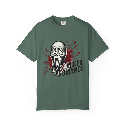 Graphic T-Shirt — "Stalker Romance" Horror Mask Tee (Scream-inspired, Blood Splatter)