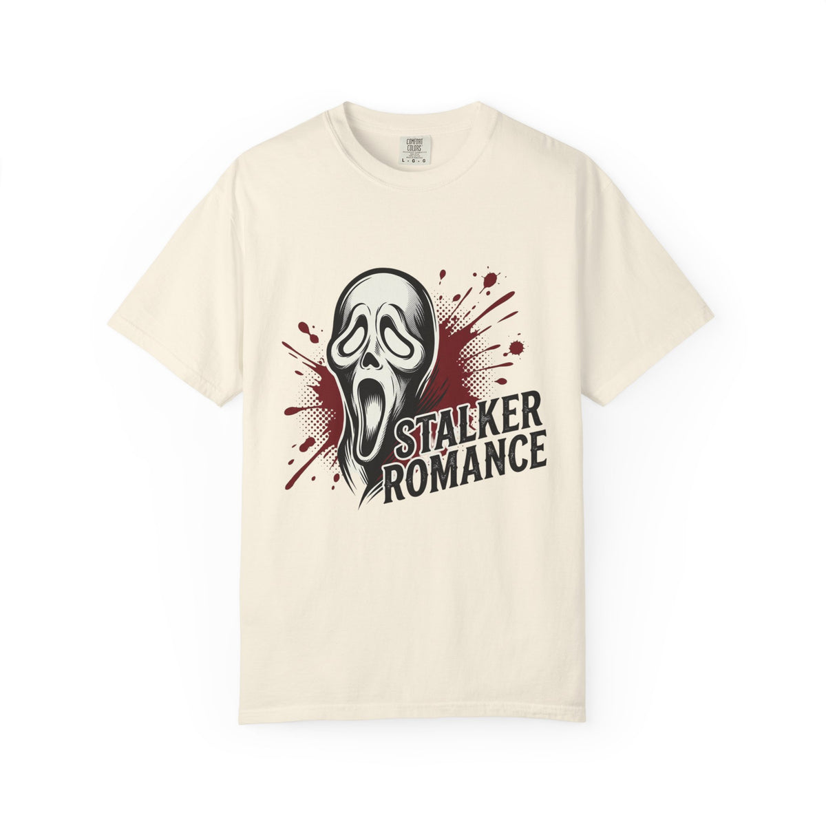Graphic T-Shirt — "Stalker Romance" Horror Mask Tee (Scream-inspired, Blood Splatter)