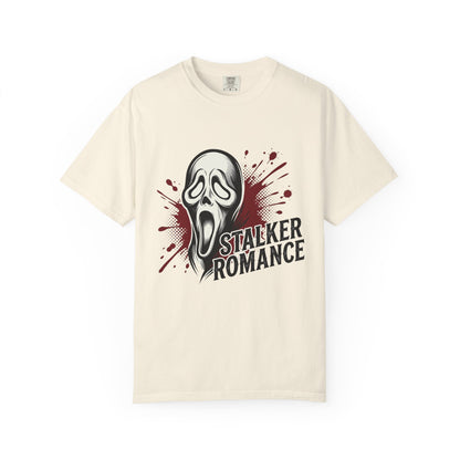 Graphic T-Shirt — "Stalker Romance" Horror Mask Tee (Scream-inspired, Blood Splatter)