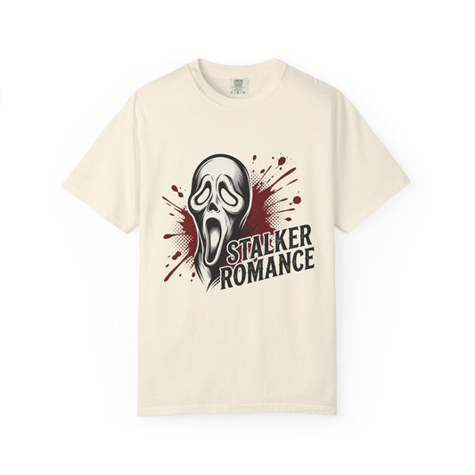 Graphic T-Shirt — "Stalker Romance" Horror Mask Tee (Scream-inspired, Blood Splatter)