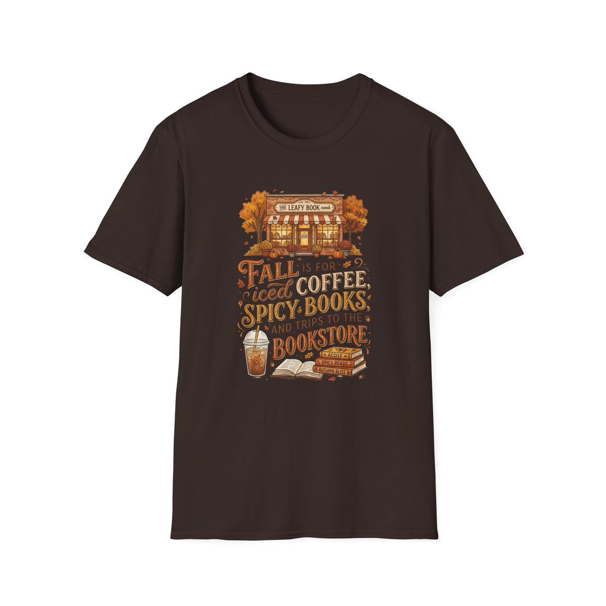 Fall Bookstore T-Shirt — "Fall Is For Iced Coffee & Spicy Books" Cozy Autumn Tee