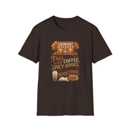 Fall Bookstore T-Shirt — "Fall Is For Iced Coffee & Spicy Books" Cozy Autumn Tee