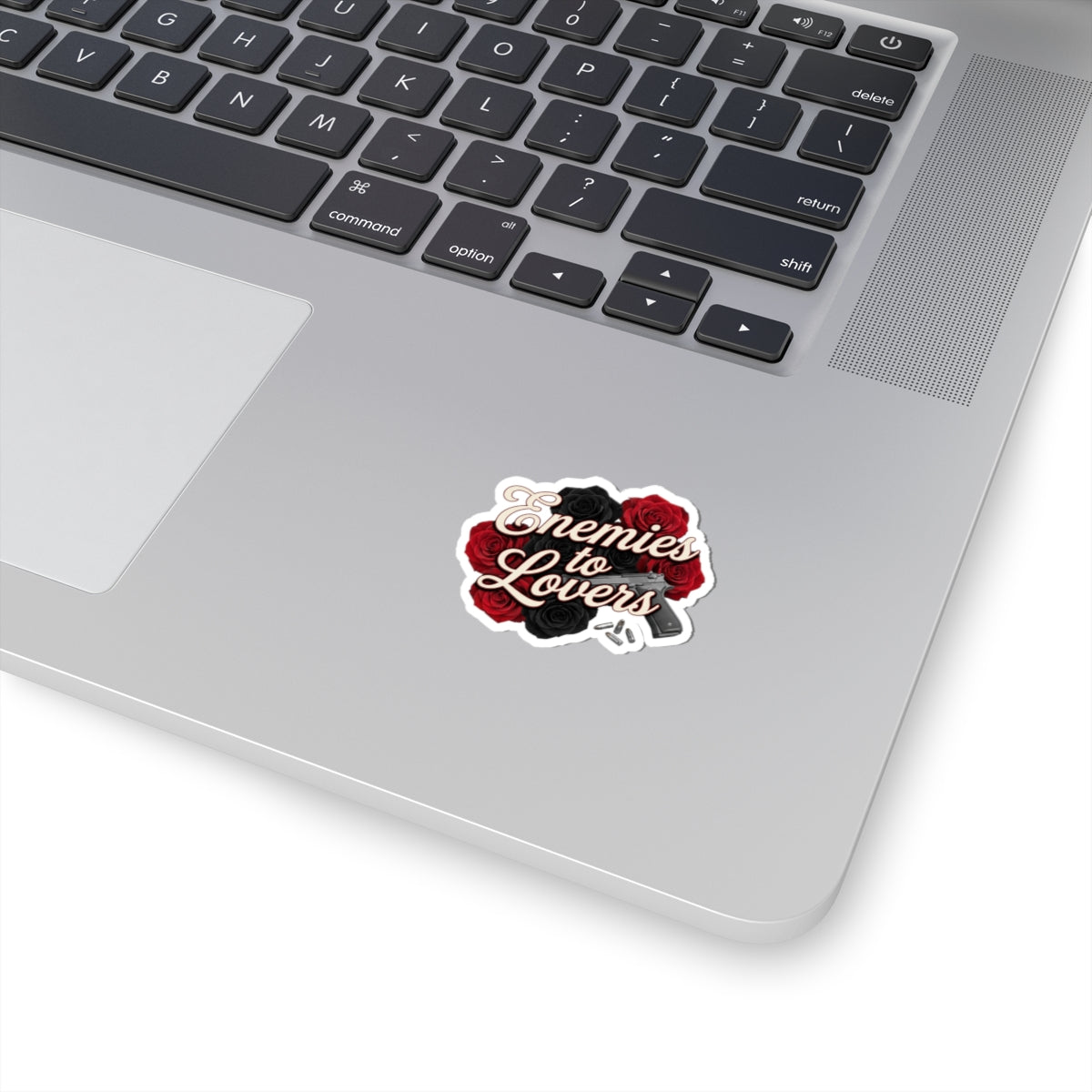 Enemies to Lovers Kiss-Cut Sticker — Red & Black Roses with Handgun Design