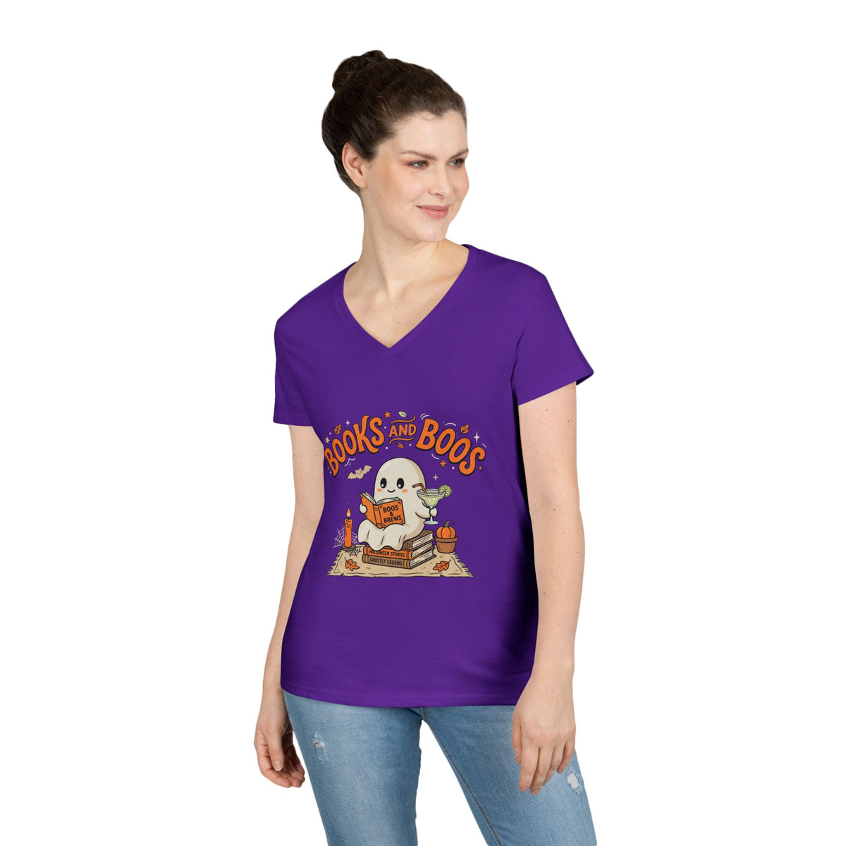 Books and Boos V-Neck Tee — Cute Ghost Reading T-Shirt for Book Lovers