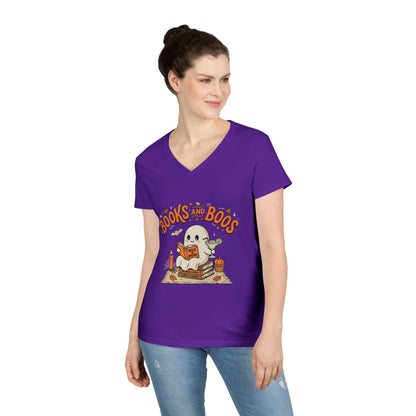 Books and Boos V-Neck Tee — Cute Ghost Reading T-Shirt for Book Lovers