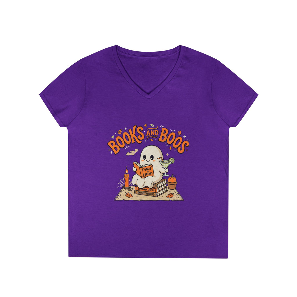 Books and Boos V-Neck Tee — Cute Ghost Reading T-Shirt for Book Lovers