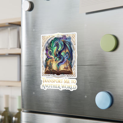 Kiss-Cut Vinyl Decal — 'Transport Me to Another World' Dragon & Magic Book Sticker