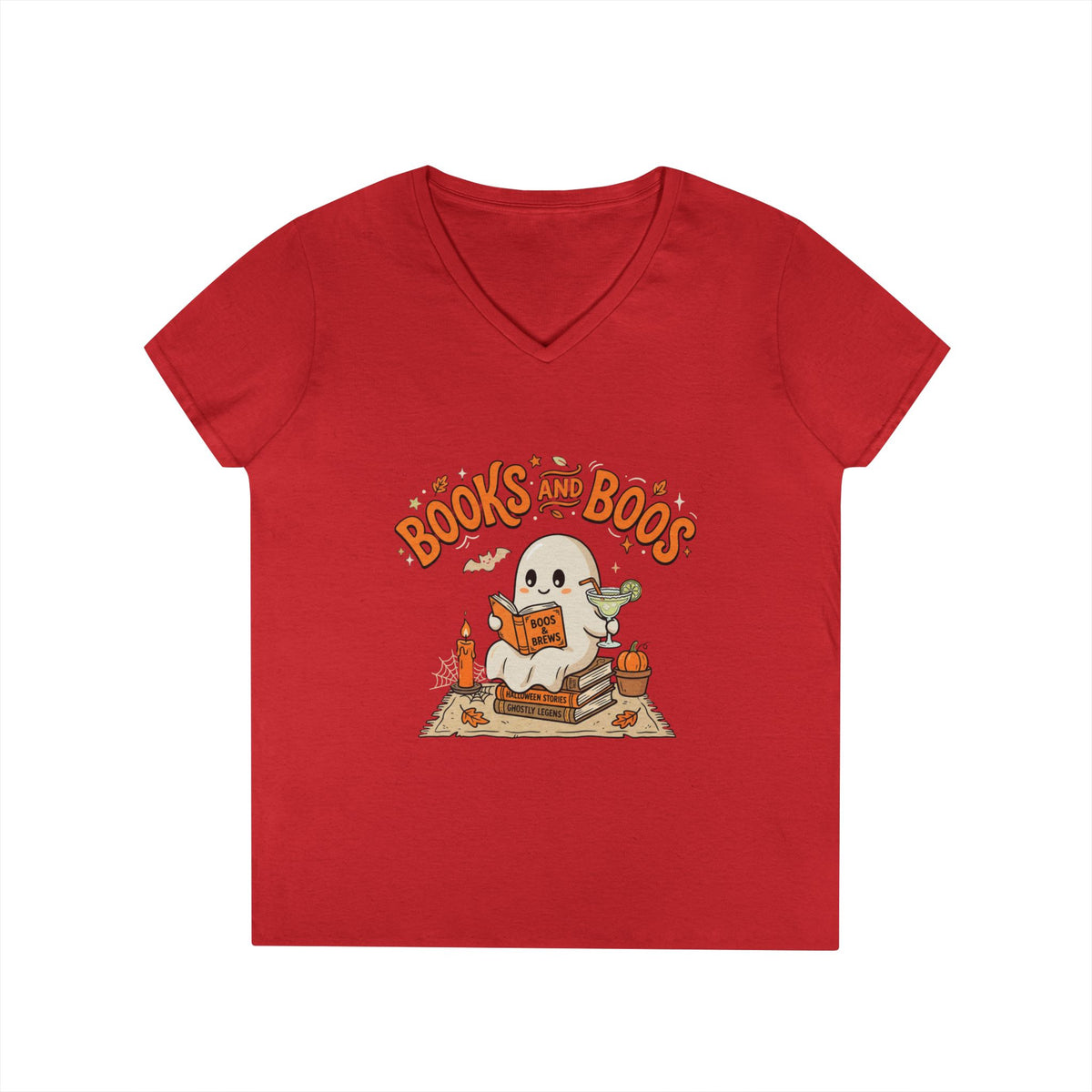 Books and Boos V-Neck Tee — Cute Ghost Reading T-Shirt for Book Lovers