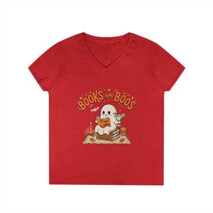 Books and Boos V-Neck Tee — Cute Ghost Reading T-Shirt for Book Lovers