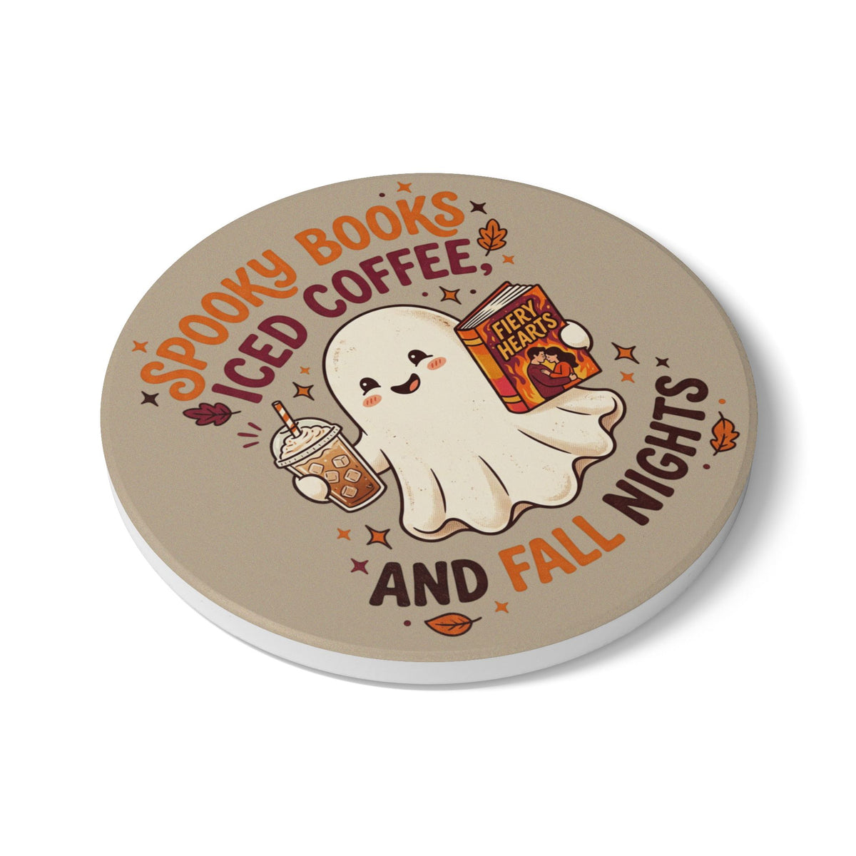 Ceramic Coaster — "Spooky Books, Iced Coffee, and Fall Nights" Cute Ghost Fall Drink Coaster